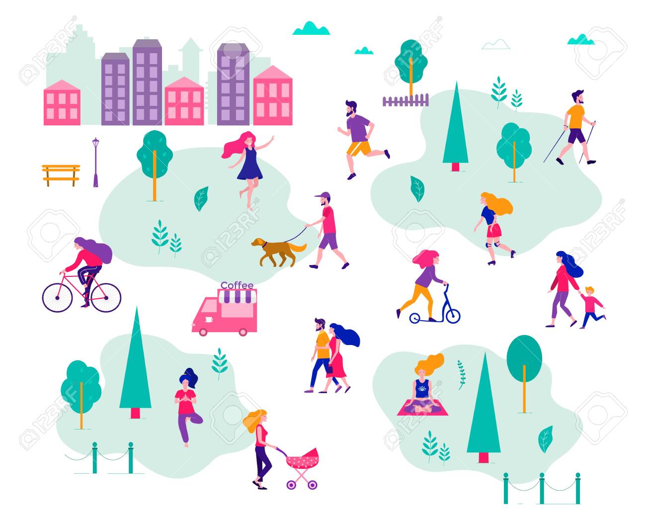 Different activities of people in the summer city. People in the park. Vector flat illustration. - 123689408 Different activities of people in the summer city. People in the park. Vector flat illustration. - 123689408