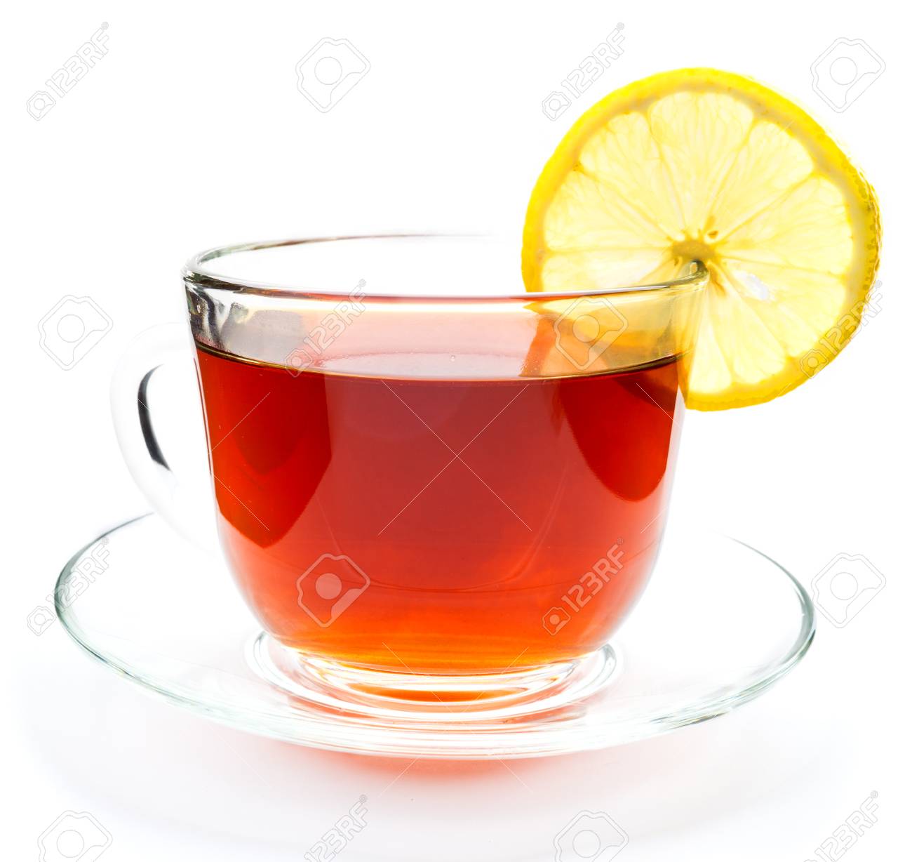 isolated transparent cup of tea with lemon slice on white background