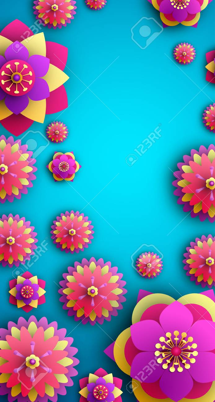 blue background with bright colorful 3d flowers vector top view