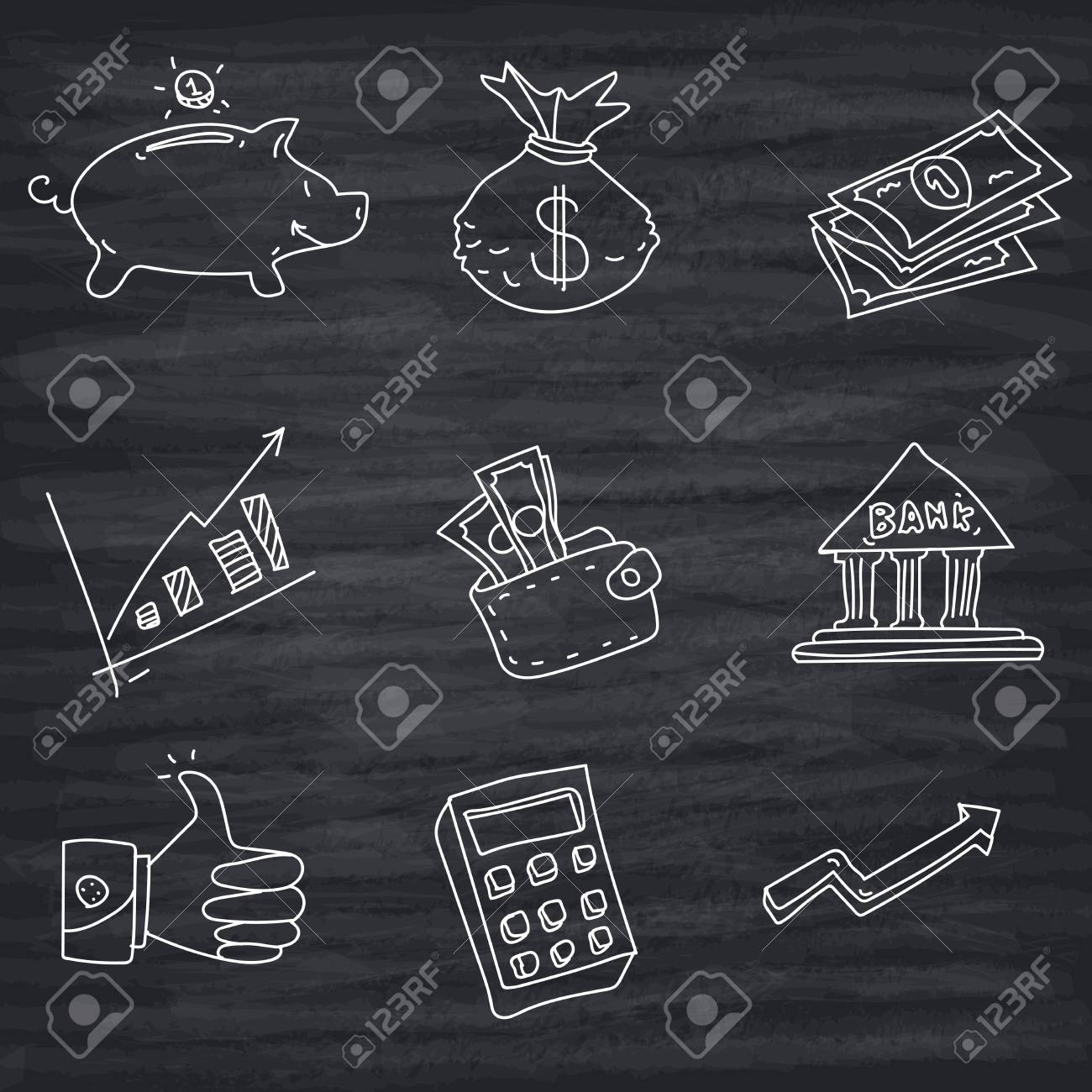 Set Of White Chalky Sketches Of Business Financial Decorative Royalty Free Cliparts Vectors And Stock Illustration Image 102583891