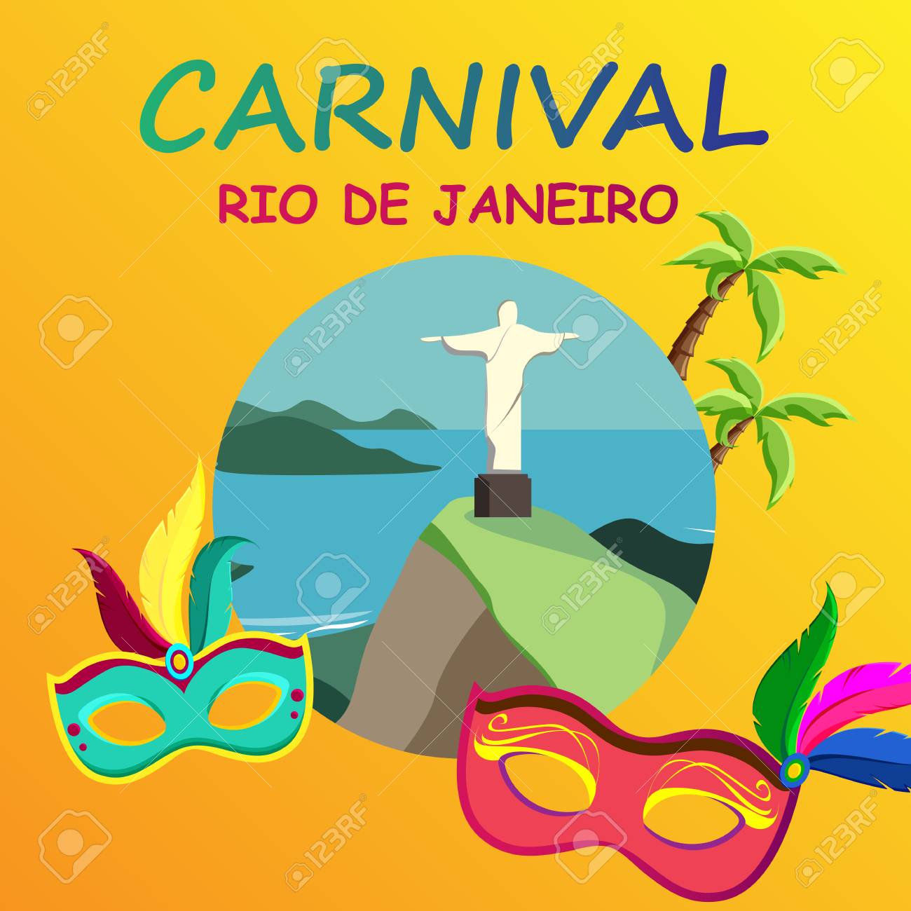 orange rio de janeiro carnival background with festive masks vector