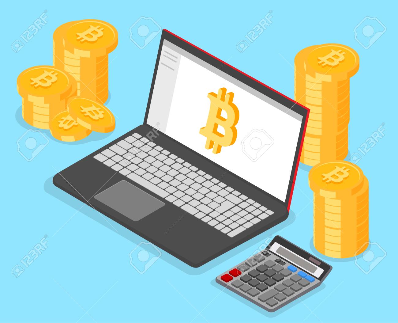 Crypto-currency Rate, Bitcoin And Online Income. Laptop, Money And  Calculator On Blue Background. Isometric Illustration. Vector 3d Design.  Royalty Free SVG, Cliparts, Vectors, and Stock Illustration. Image  104413346.