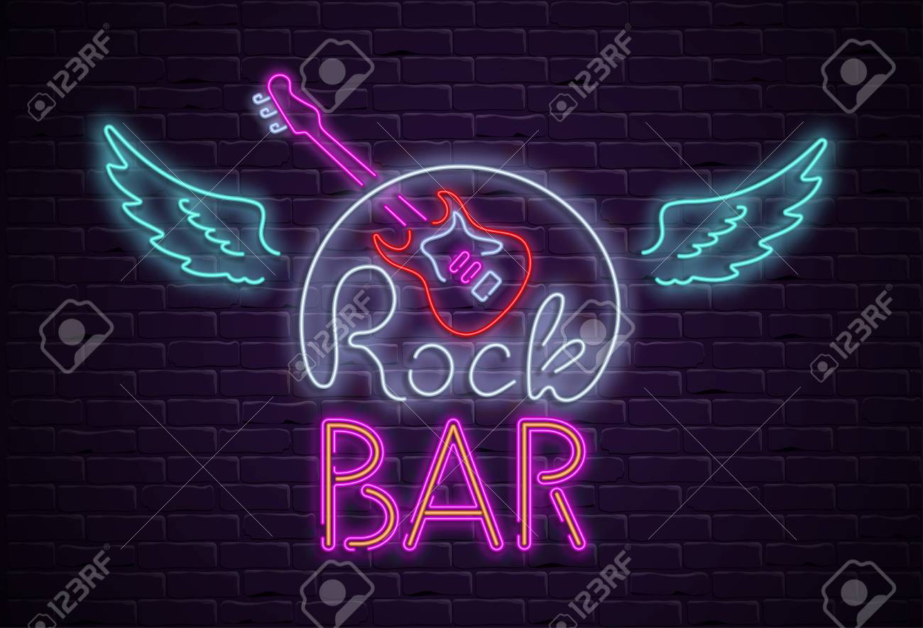 Rock Bar Neon Colorful Signboard With Guitar And Wings On Purple Royalty Free Cliparts Vectors And Stock Illustration Image 112130146