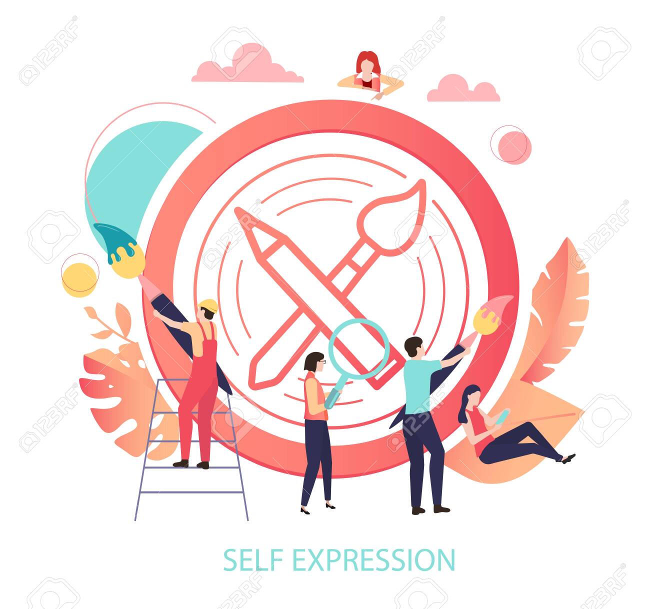 Self expression. Round sign or icon with paint brush and people. Inspiration, creation, art, craft, hobby, lifestyle. Vector illustration in trendy living coral color, flat style. - 124490264 Self expression. Round sign or icon with paint brush and people. Inspiration, creation, art, craft, hobby, lifestyle. Vector illustration in trendy living coral color, flat style. - 124490264