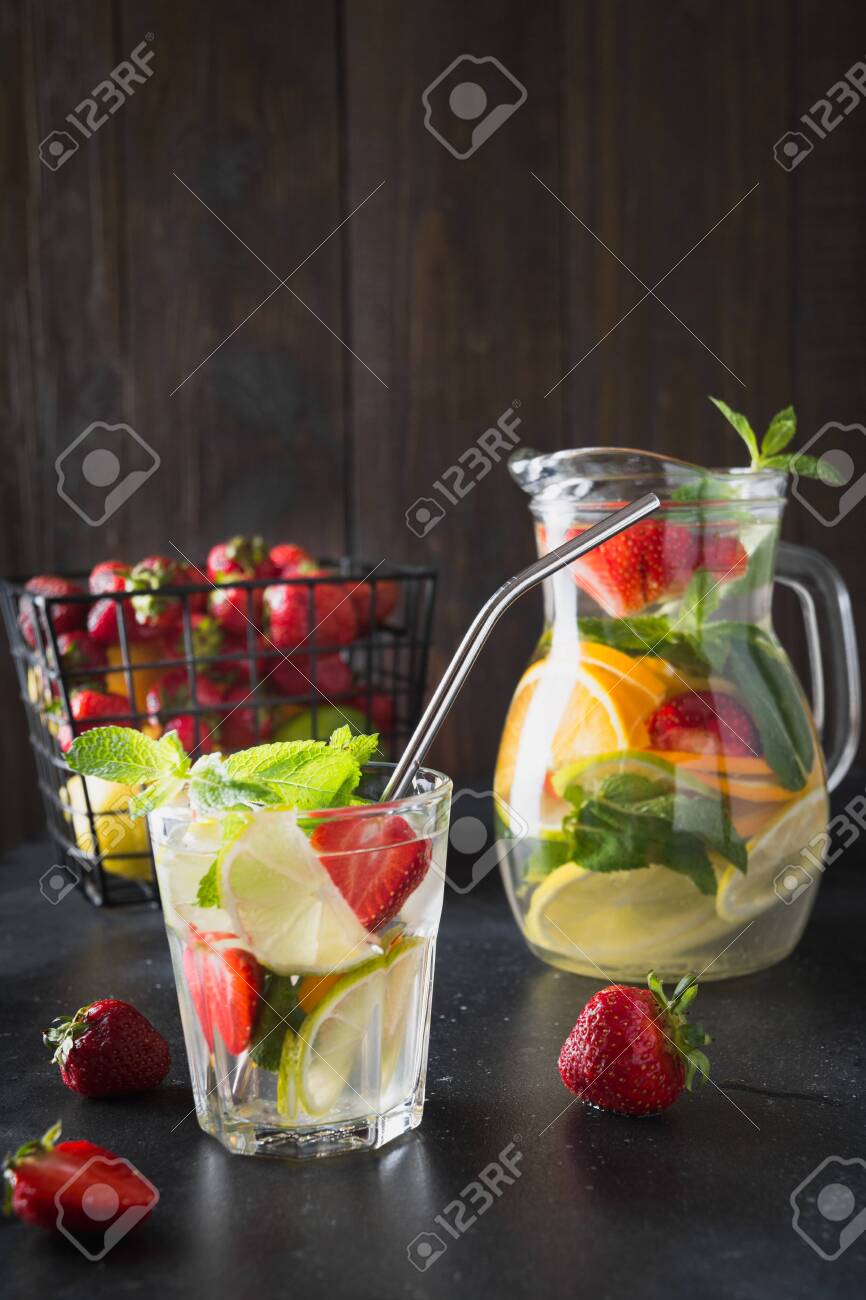 Detox Lemonade With Lime Orange Lemon Strawberry In Glass Stock Photo Picture And Royalty Free Image Image 137996024
