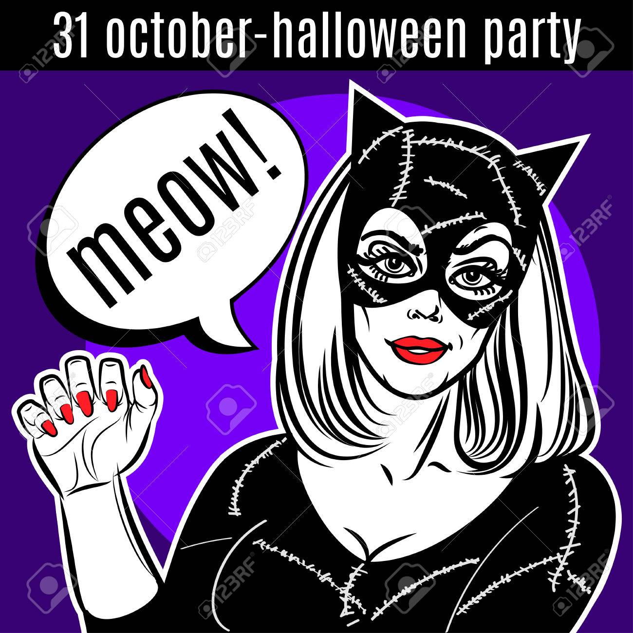 ハロウィーン パーティーのデザイン テンプレートです キャット スーツは 女性の女性のスーパー ヒーローのイラスト素材 ベクタ Image