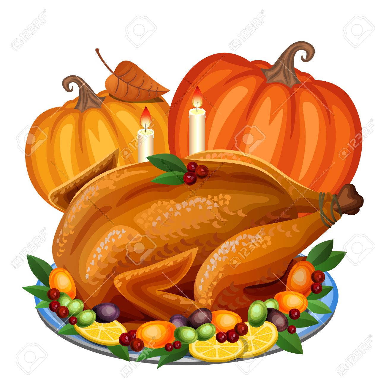 Thanksgiving Turkey On Platter With Garnish And Orange Pumpkin Roast Turkey Dinner Vector Illustration Thanksgiving Turkey On Platter With Garnish And Orange Pumpkin Roast Turkey Dinner Vector Illustration