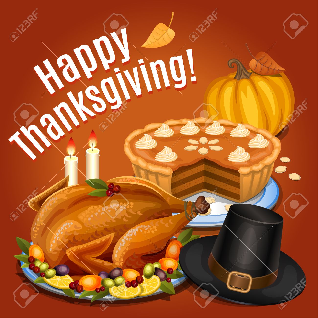 感謝祭のディナーにローストターキー飾り オレンジ カボチャ カボチャのパイ Piligrim 帽子と盛り合わせに ベクトル図 のイラスト素材 ベクタ Image