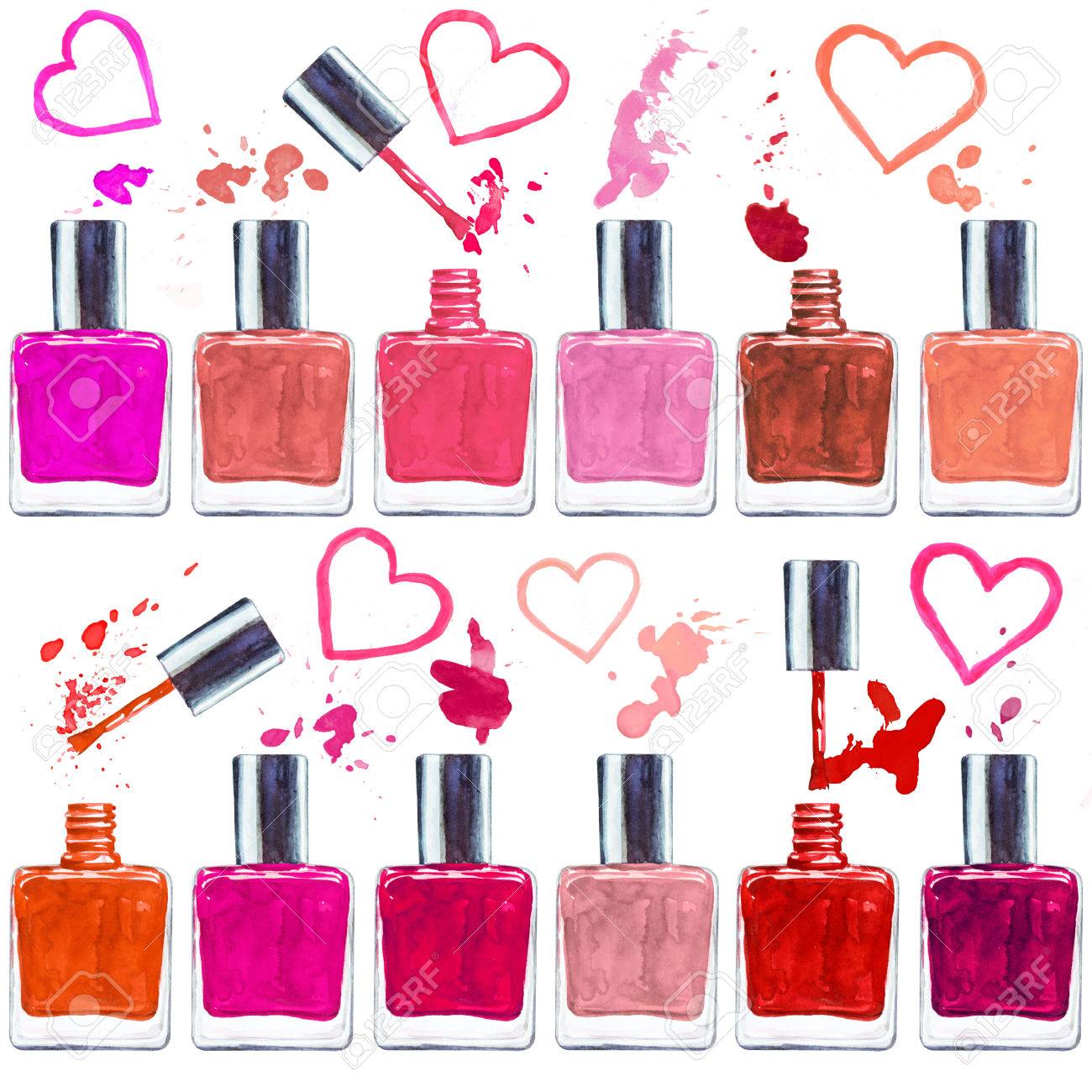 Seamless Watercolor Pattern With Colored Nail Polish On White