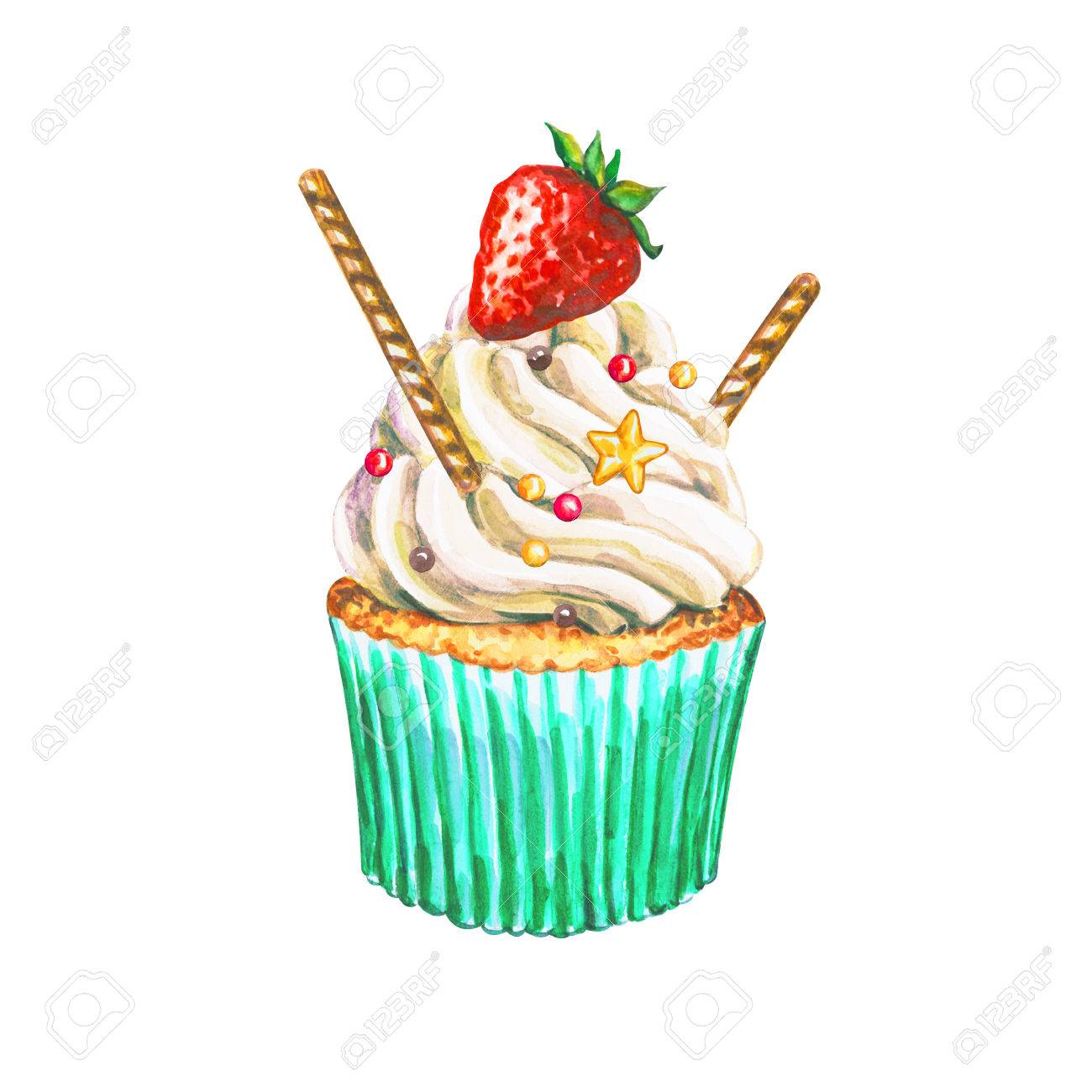 水彩のカップケーキ 水彩画いちごカップケーキ 手描き水彩のカップケーキにデコレーション クリームとベリー 甘いおいしい食べ物イラスト の写真素材 画像素材 Image
