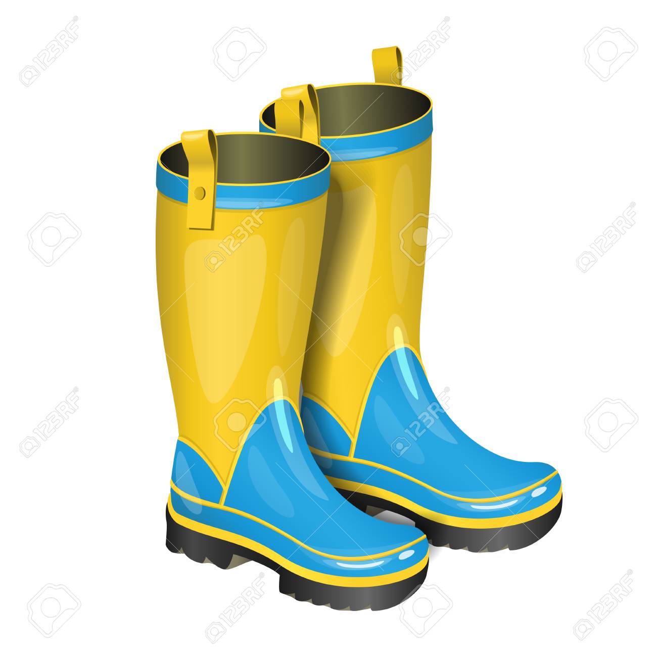 Paar Gumboots. Regen Gele En Blauwe Laarzen Geïsoleerd Op Laarzen Van De Beeldverhaal De Gele Regen Vector Illustratie