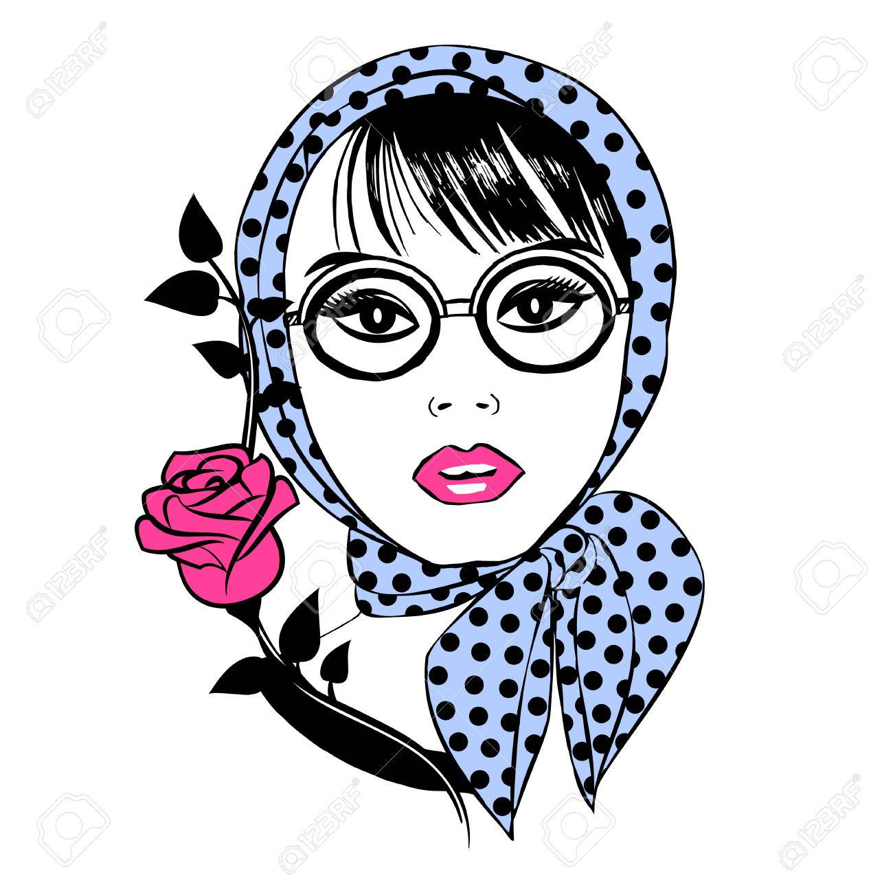 Beautiful Girl In Glasses And A Scarf With Red Rose Portrait