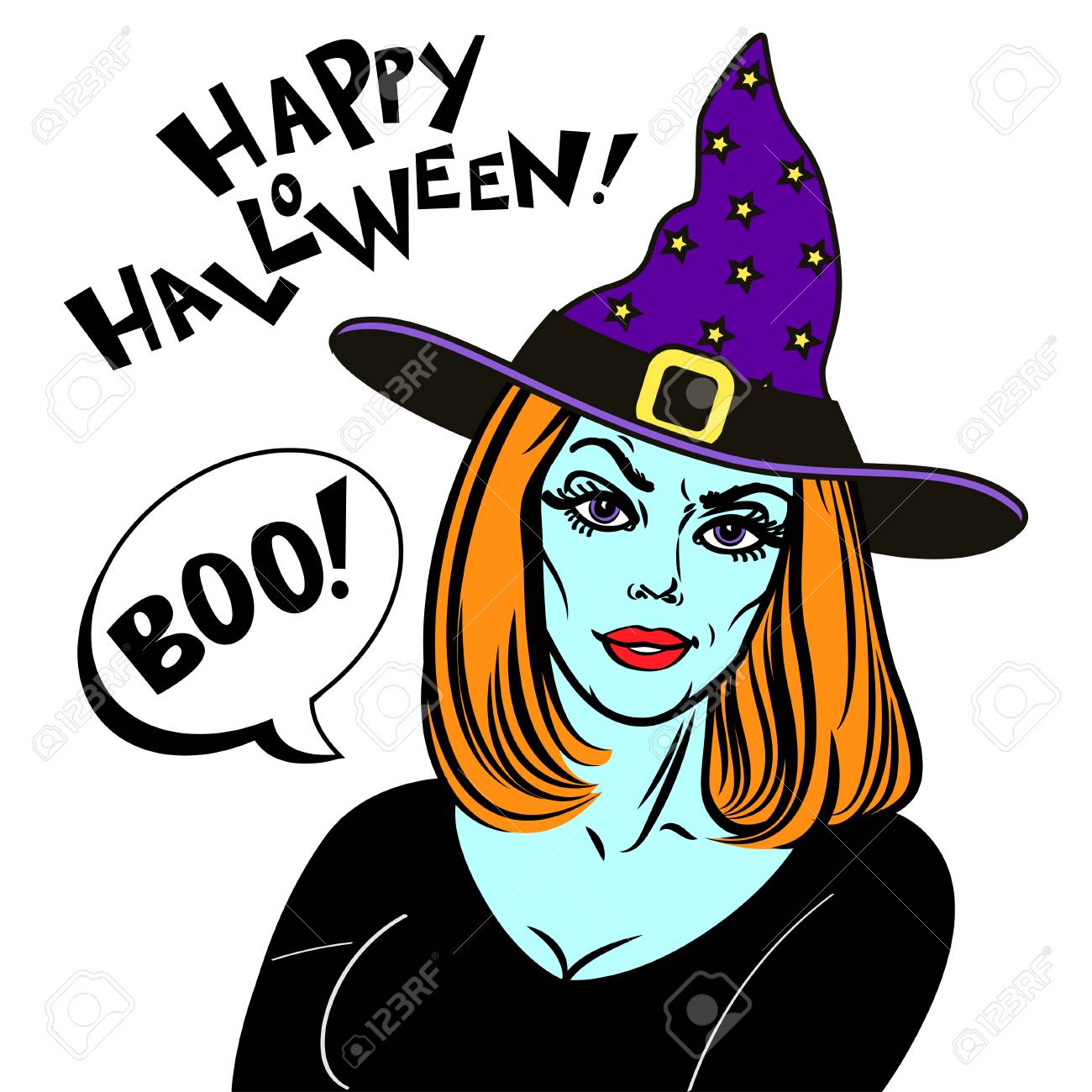 Frau In Halloween Kostüm Und Hexenhut Hexe Und Text Glückliches