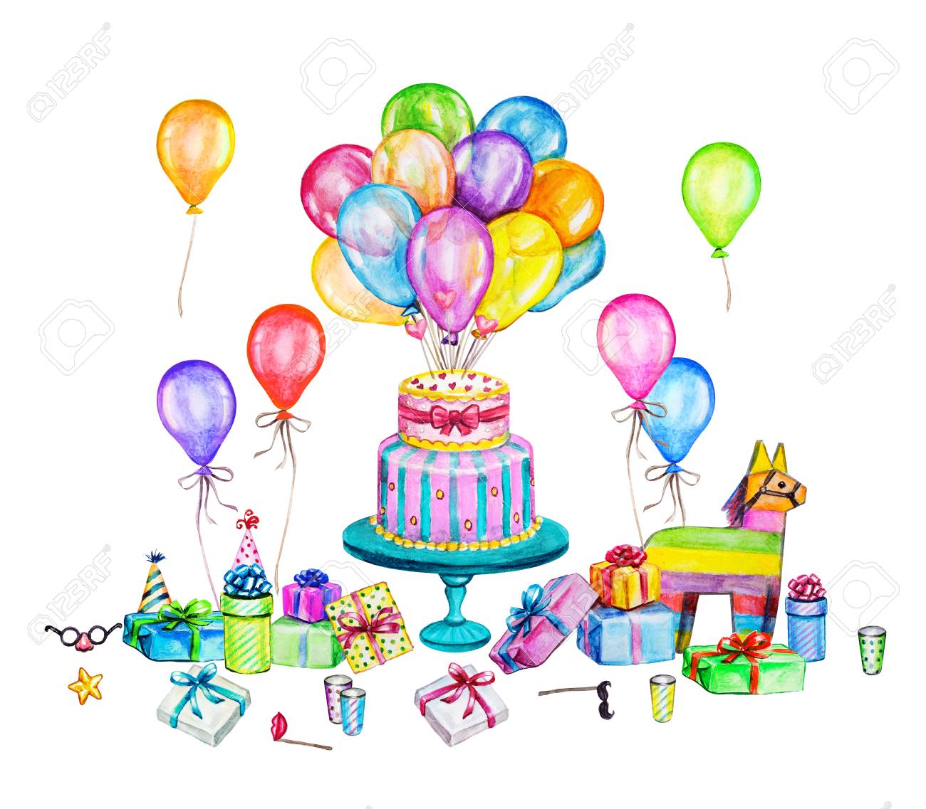 水彩の誕生日パーティー イラスト 手の描き下ろしお祝いオブジェクト ギフト ボックス 空気風船 バースデー ケーキ ピニャータ の写真素材 画像素材 Image
