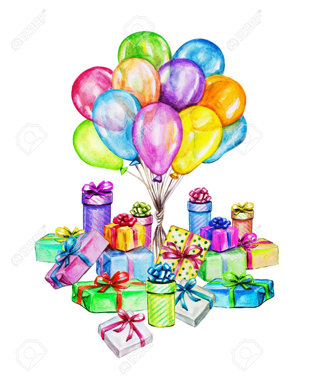 水彩の誕生日パーティー イラスト 手の描き下ろしお祝いオブジェクト ギフト ボックスと気球 の写真素材 画像素材 Image