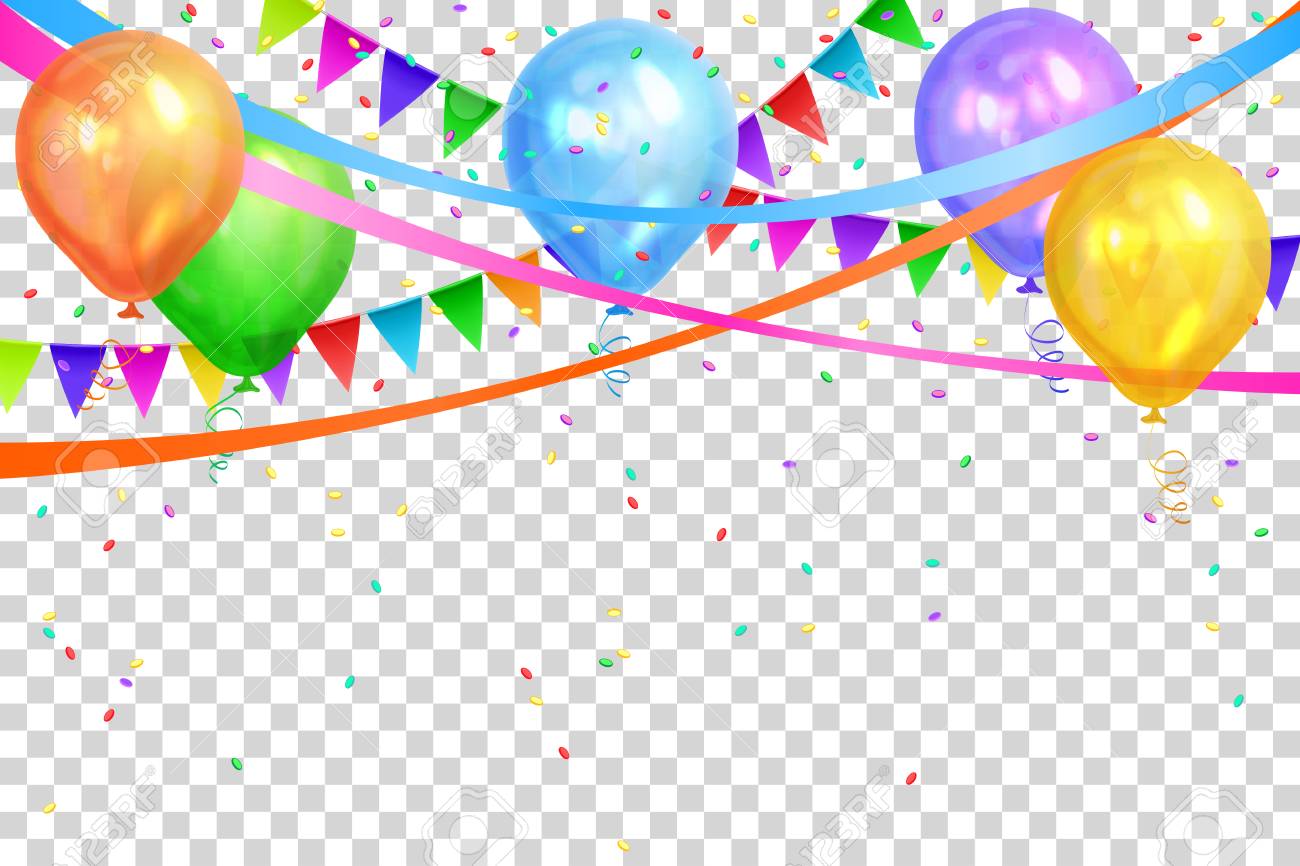 ハッピーバースデーデザイン 現実的なカラフルなヘリウム風船と旗の花輪の境界線 透明な背景で分離されます 誕生日 記念日 お祝いのためのパーティーの装飾 フレーム ベクターの図 のイラスト素材 ベクタ Image