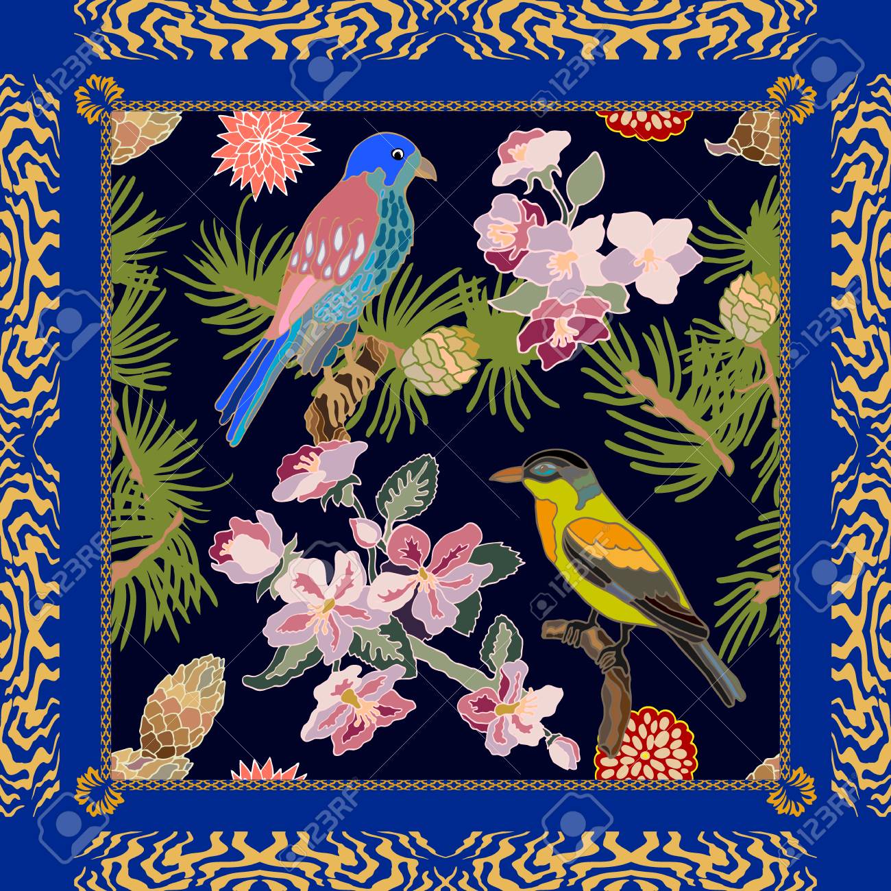 花 松の枝やファンタジー鳥とシルク スカーフのパターン 中国語 日本語 韓国語のモチーフ ヴィンテージのテキスタイル コレクションです 黒 青 ゴールデン のイラスト素材 ベクタ Image
