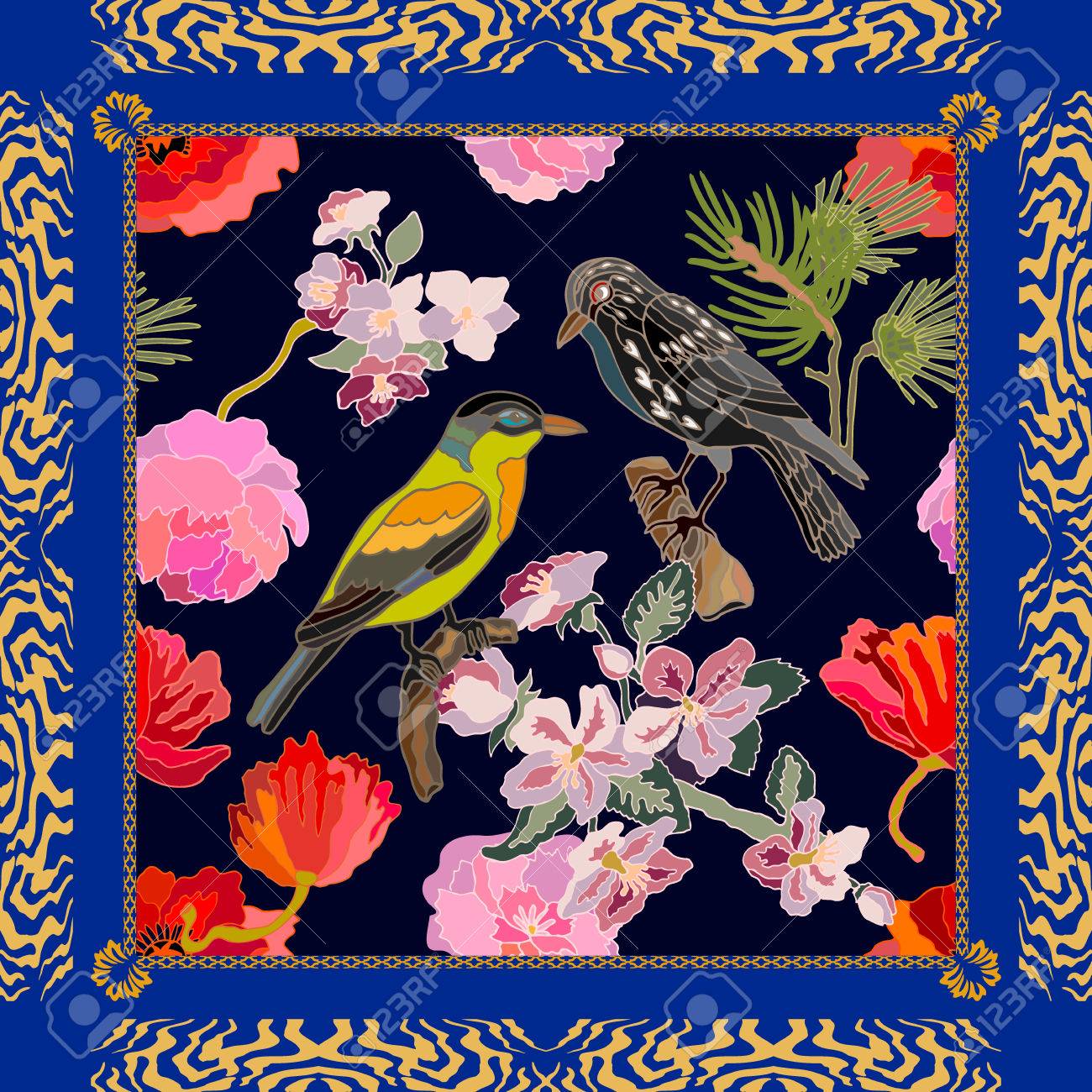 花 松の枝やファンタジー鳥とシルク スカーフのパターン 中国語 日本語 韓国語のモチーフ ヴィンテージのテキスタイル コレクションです 黒 青 ゴールデン のイラスト素材 ベクタ Image