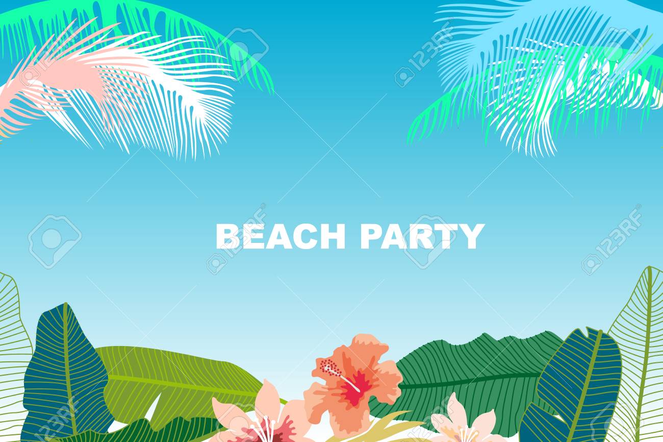 beach party banner template with flowers on blue background vector