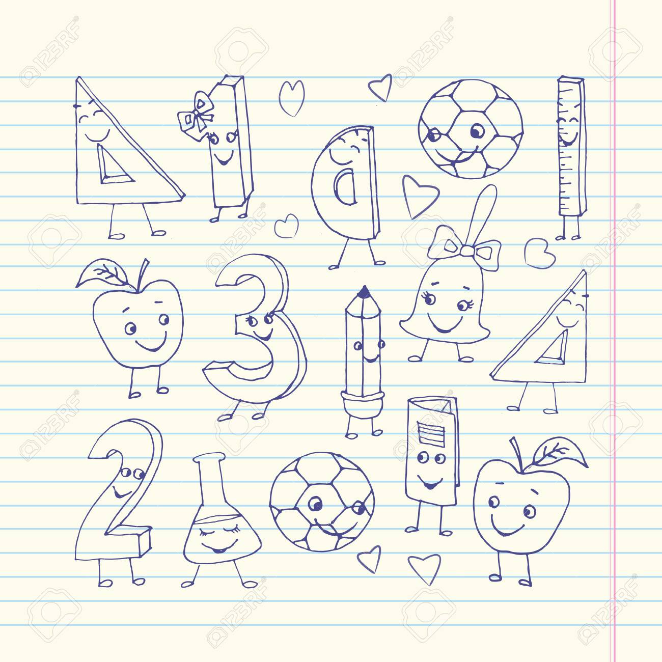 Hand Drawn Cute School Characters On A Sheet Of Exercise Book Royalty Free Cliparts Vectors And Stock Illustration Image