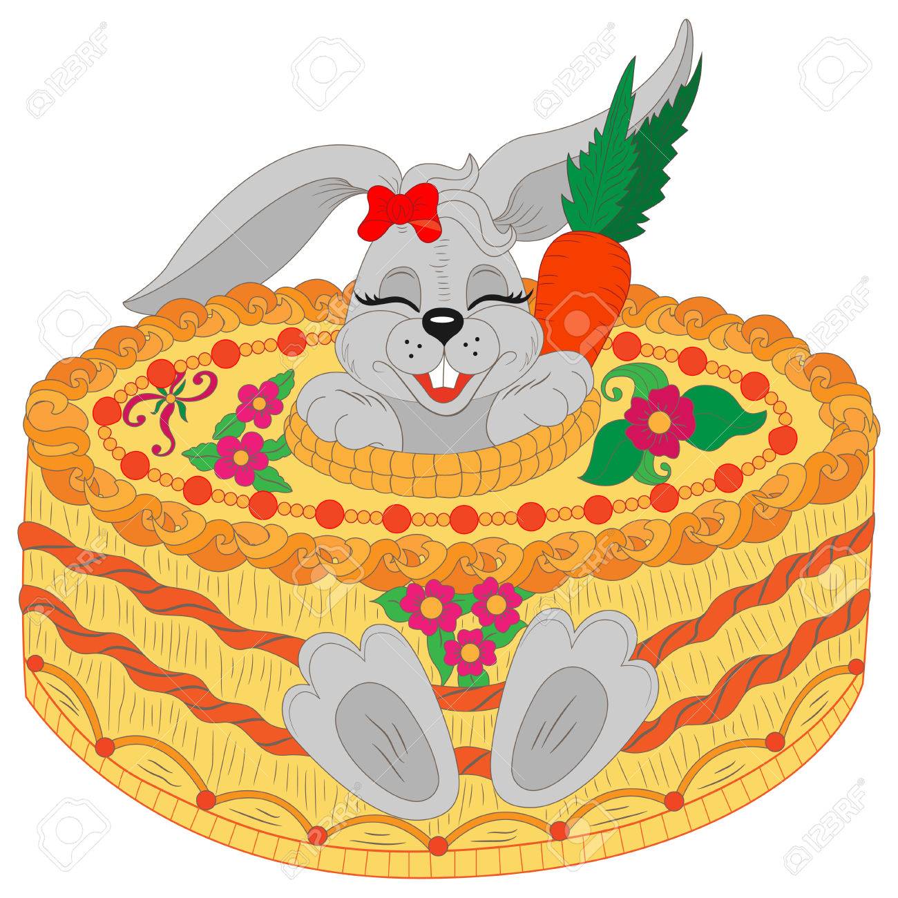 お誕生日おめでとう 誕生日ケーキとグリーティング カード誕生日おめでとうかわいいウサギ のイラスト素材 ベクタ Image