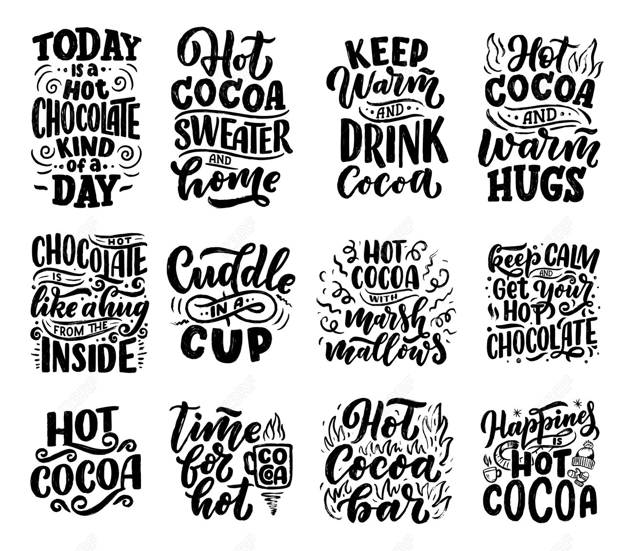 Set with lettering quotes about hot cocoa and hot chocolate for posters or prints. Hand drawn Christmas signs for cafe, bar and restaurant. Vector illustration - 132437582 Set with lettering quotes about hot cocoa and hot chocolate for posters or prints. Hand drawn Christmas signs for cafe, bar and restaurant. Vector illustration - 132437582