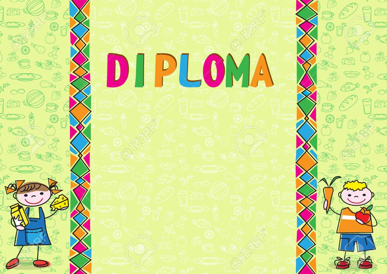 卒業証書 証明書 漫画子供食品を保持するいるとカードのテンプレートです 健康食品と背景を落書き サイズ のイラスト素材 ベクタ Image