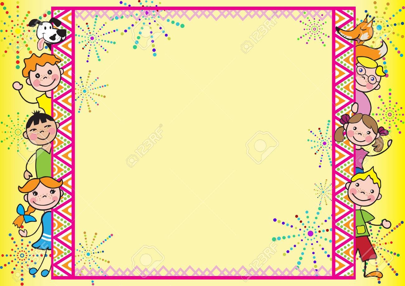 frame with cartoon kids doggy and fox template for diploma