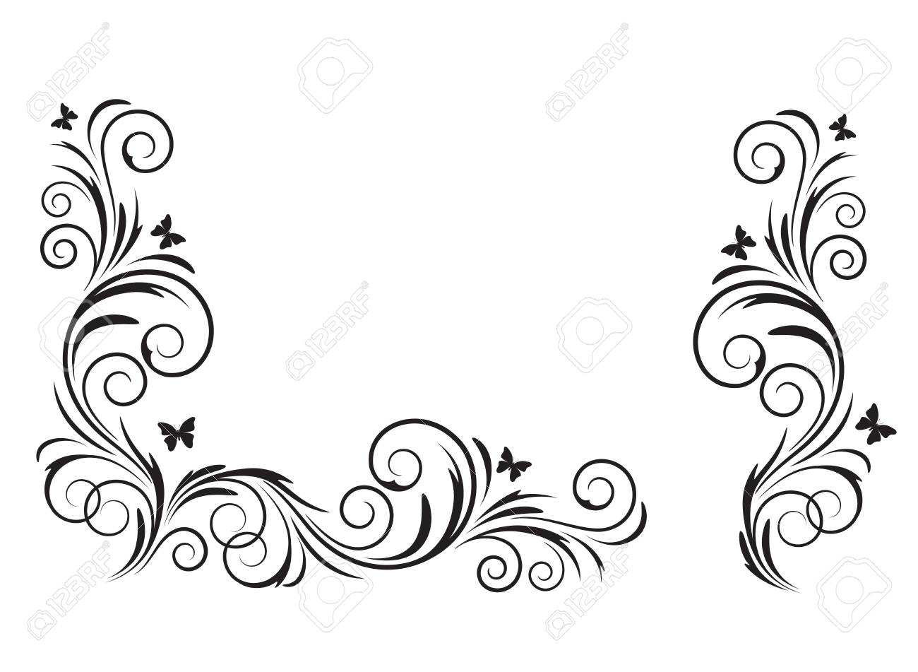 Decorative black floral element and corner, stencils. Decorative black floral element and corner, stencils.