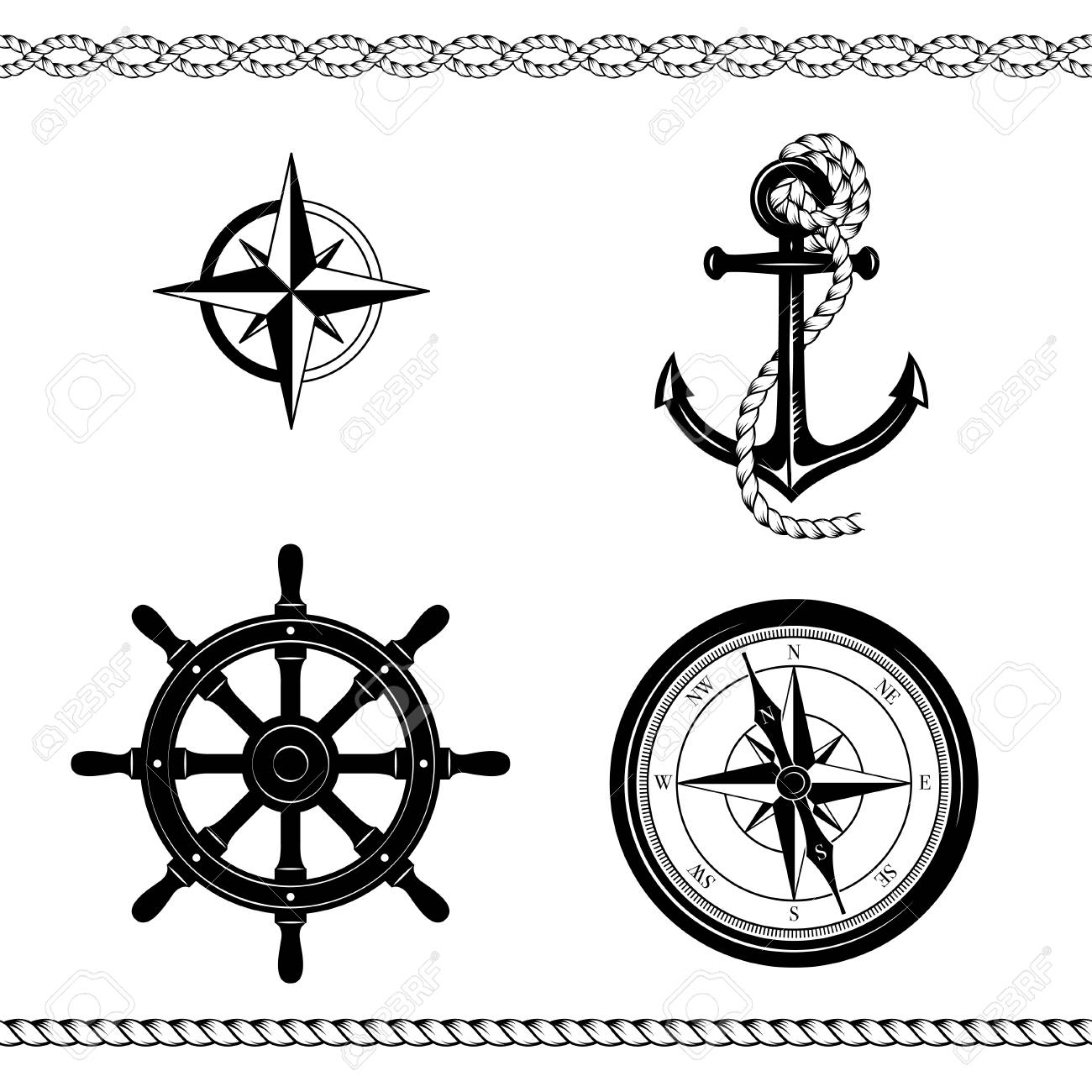 Set of nautical symbols. Anchor, ship steering wheel, rose of wind, ship steering wheel, borders. Black and white colors. - 127679804 Set of nautical symbols. Anchor, ship steering wheel, rose of wind, ship steering wheel, borders. Black and white colors. - 127679804