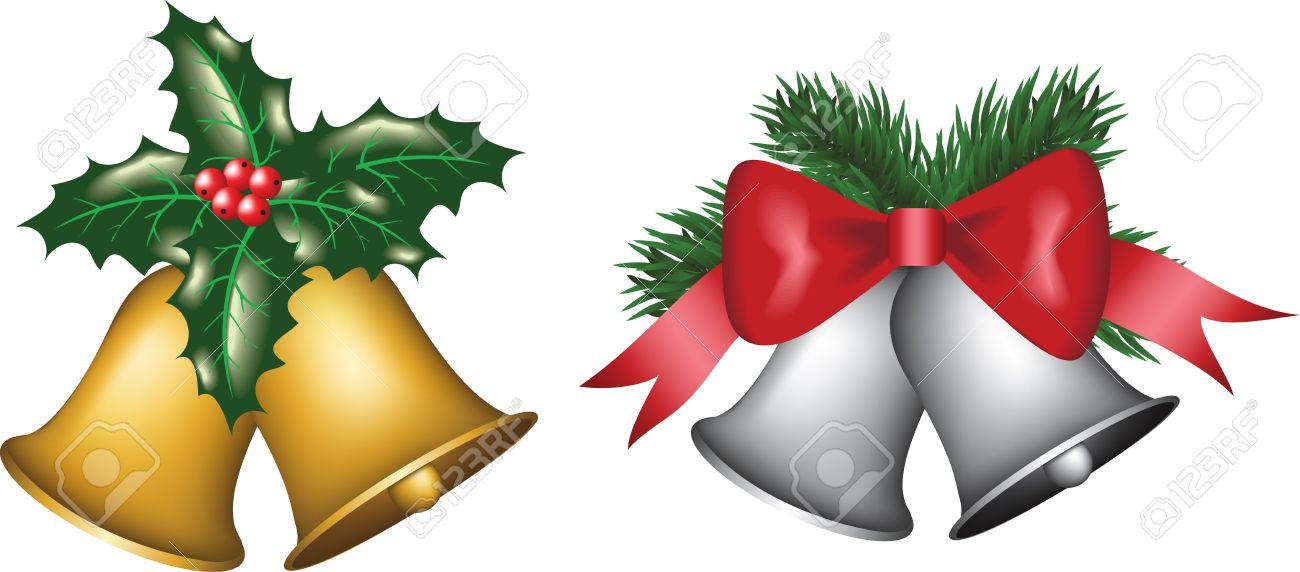 Christmas Gold And Silver Bells With Tree Bow And Holly Berry