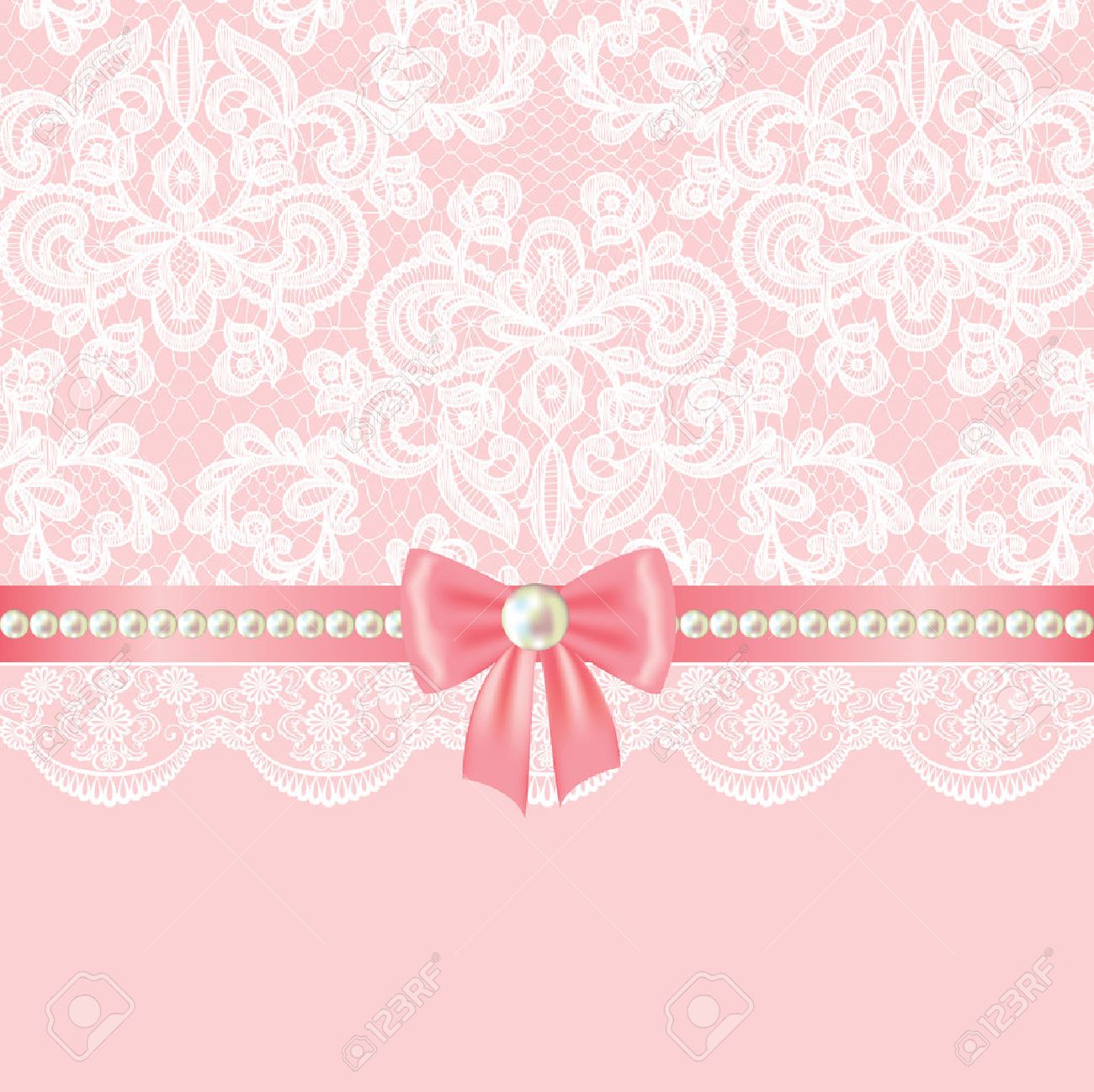 wedding invitation or greeting card with pearl border on lace