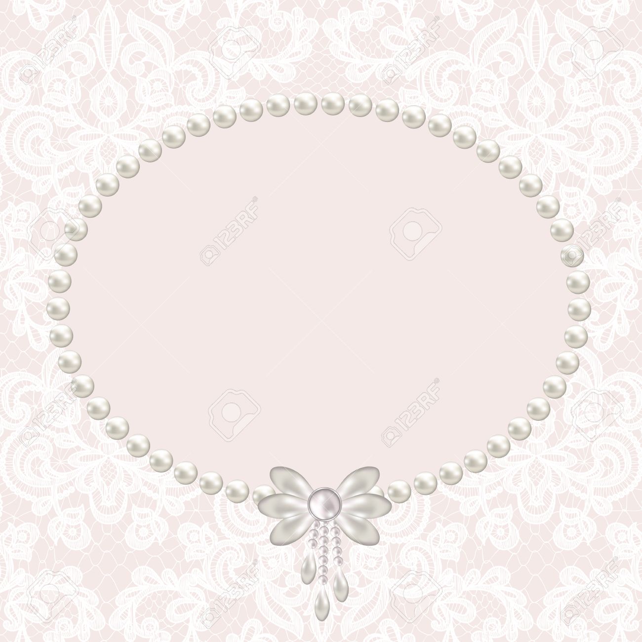 wedding invitation or greeting card with pearl frame on lace