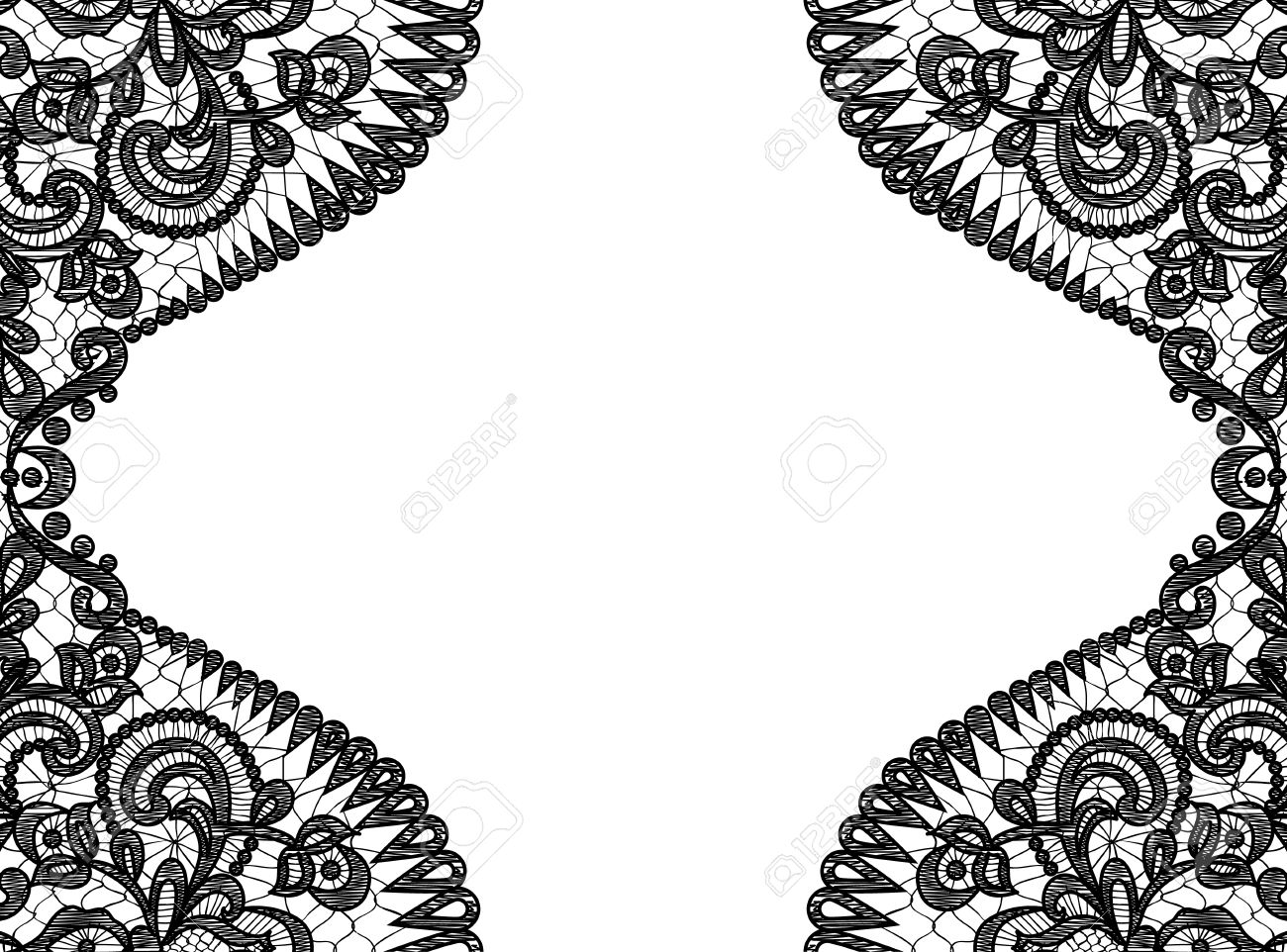 wedding invitation or greeting card with black lace frame on black and white greeting card
