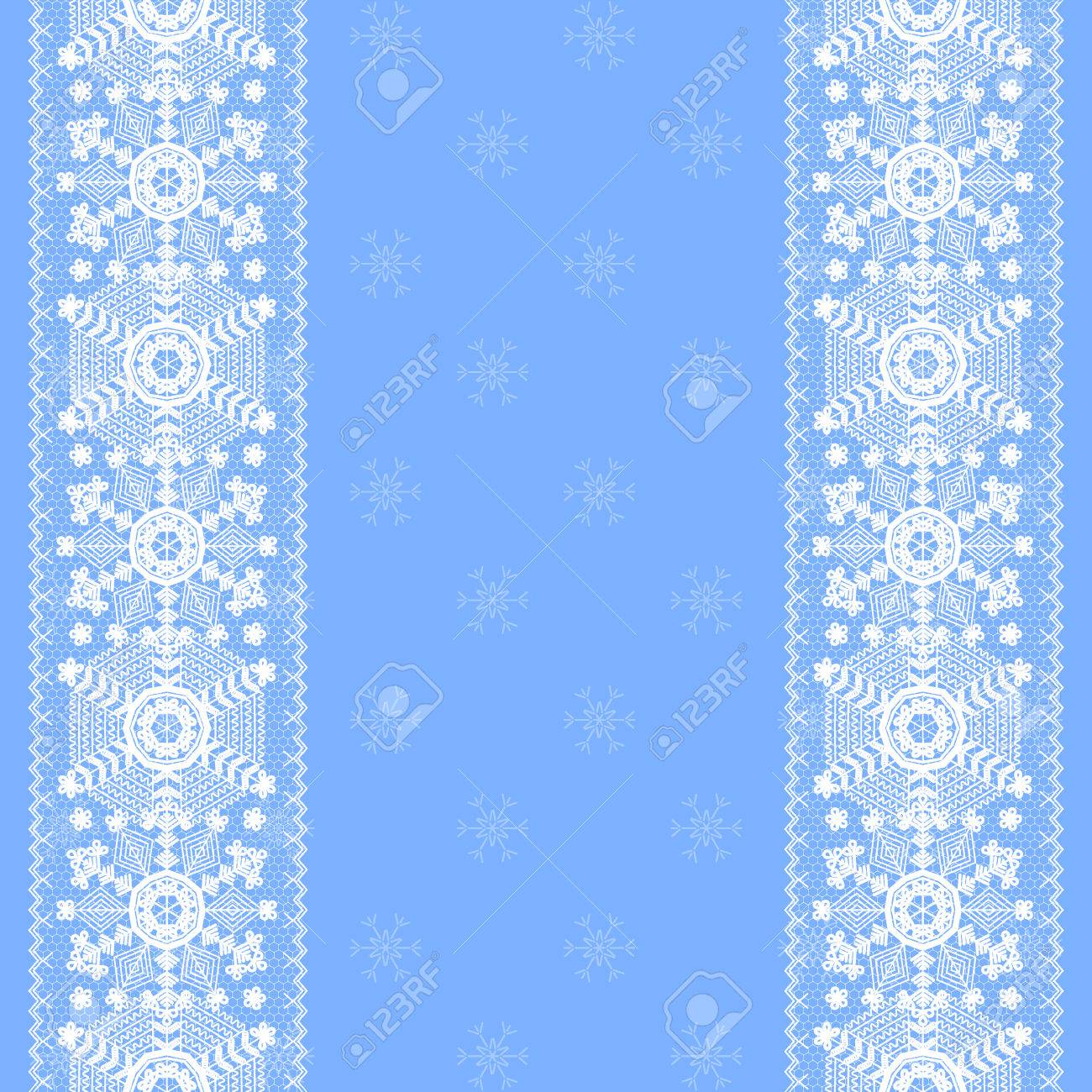 christmas card with lace snowflakes pattern border on blue