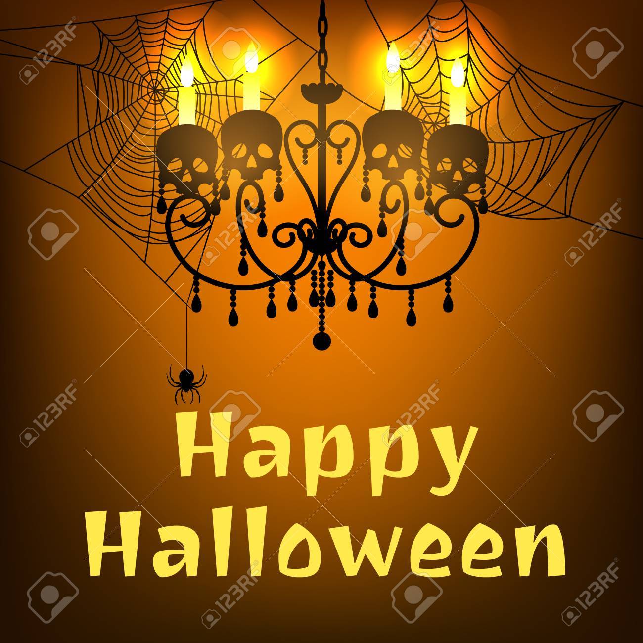 クモの巣と頭蓋骨と燃焼キャンドル シャンデリア ハッピー ハロウィン カード ハロウィン背景 のイラスト素材 ベクタ Image