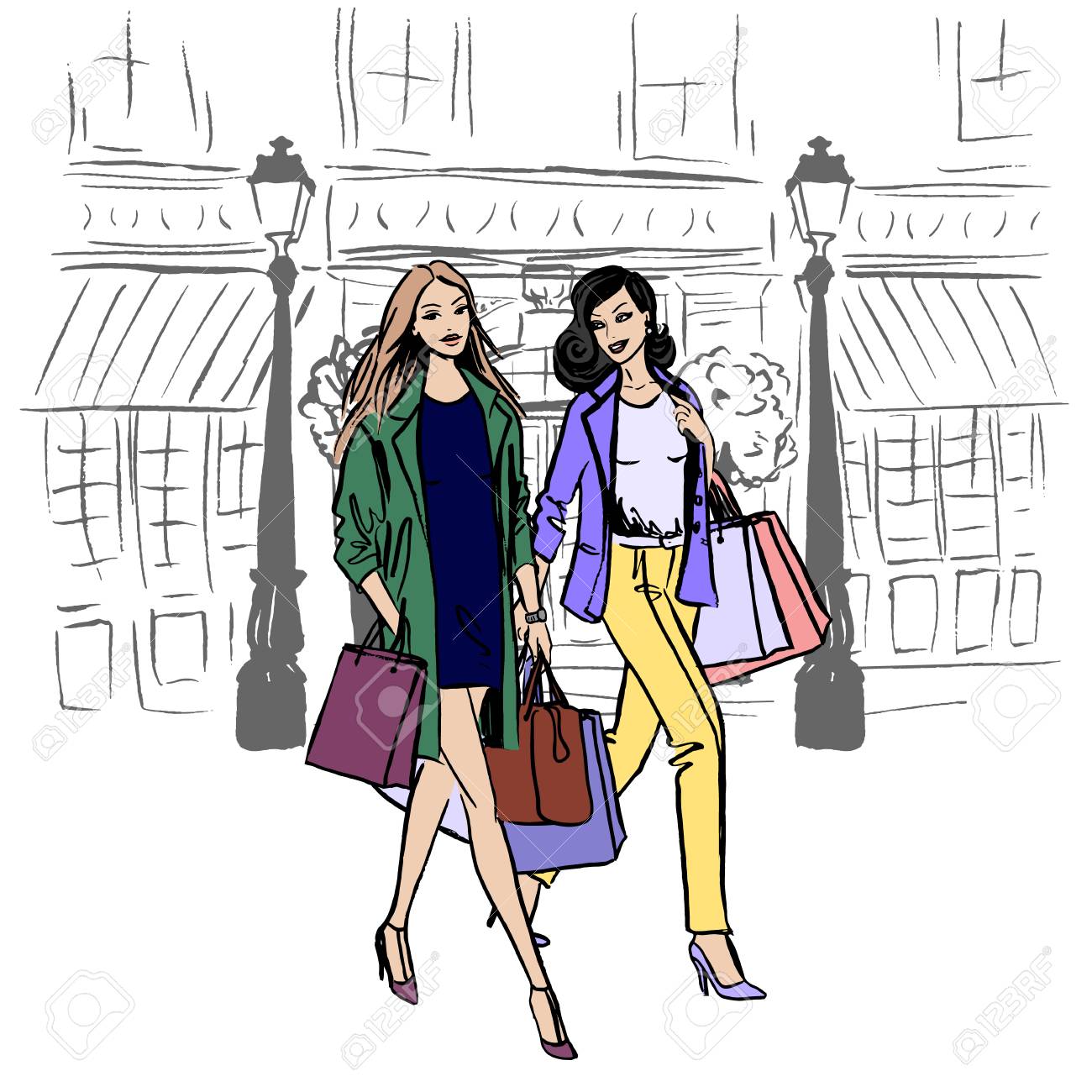 買い物袋を持つ女性を歩きます 手描きのイラスト ファッションのスケッチのイラスト素材 ベクタ Image 買い物袋を持つ女性を歩きます 手描きのイラスト ファッションのスケッチのイラスト素材 ベクタ Image