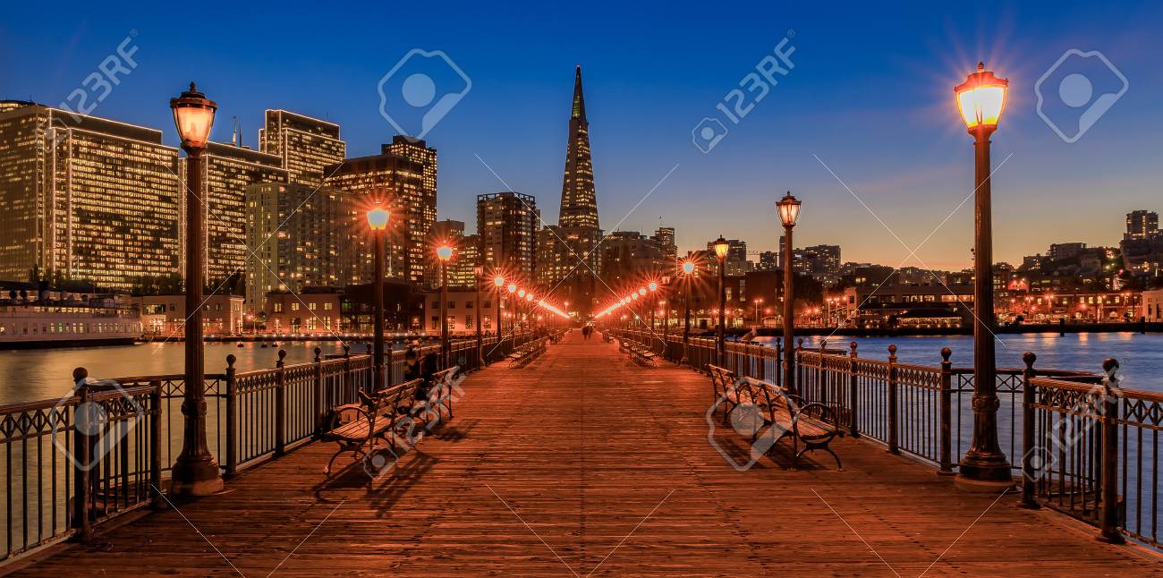 panoramic view of the embarcadero buildings decorated for christmas
