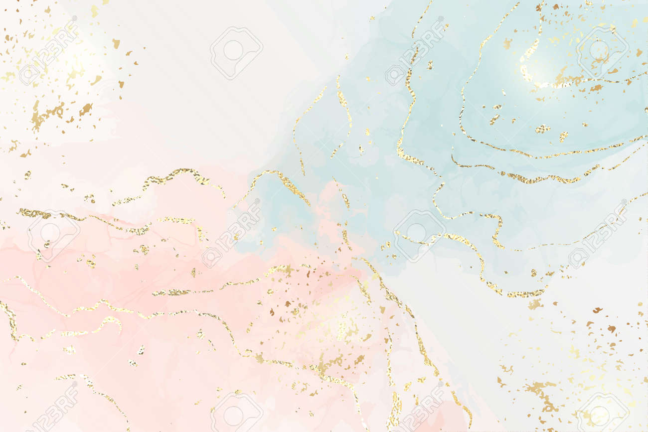 Abstract blue liquid watercolor background with golden crackers