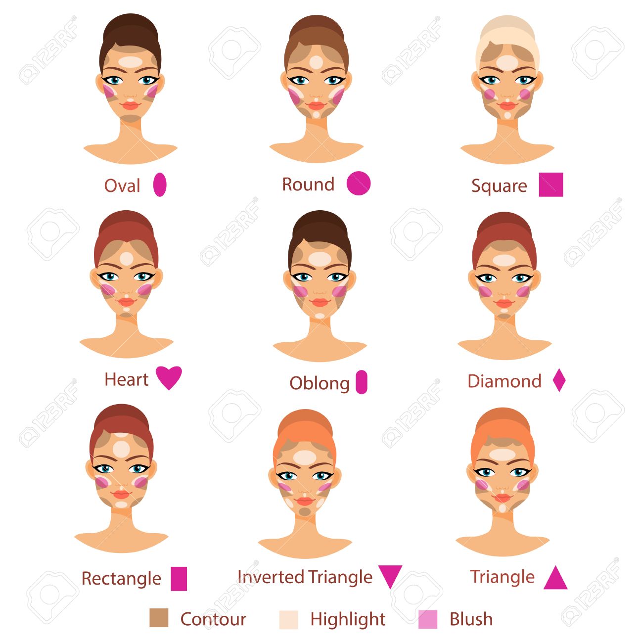 Highlight, contour and blush for different female face shape. Basic of contouring. Highlighting and contouring. Face types for beauty. - 59066176 Highlight, contour and blush for different female face shape. Basic of contouring. Highlighting and contouring. Face types for beauty. - 59066176