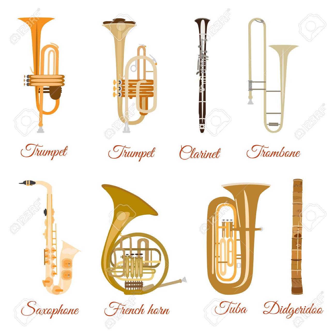 Conjunto De Instrumentos Musicales Viento. Clarinete, Trompeta, Trombón, Tuba, Trompa Y Ilustraciones Svg, Vectoriales, Clip Art Vectorizado Libre De Derechos. Image 78677964.