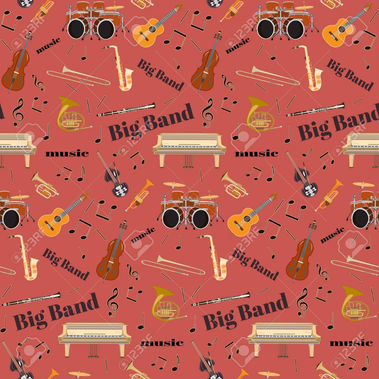 ジャズ ビッグバンドの楽器とシームレスなパターン ベクトル のイラスト素材 ベクタ Image