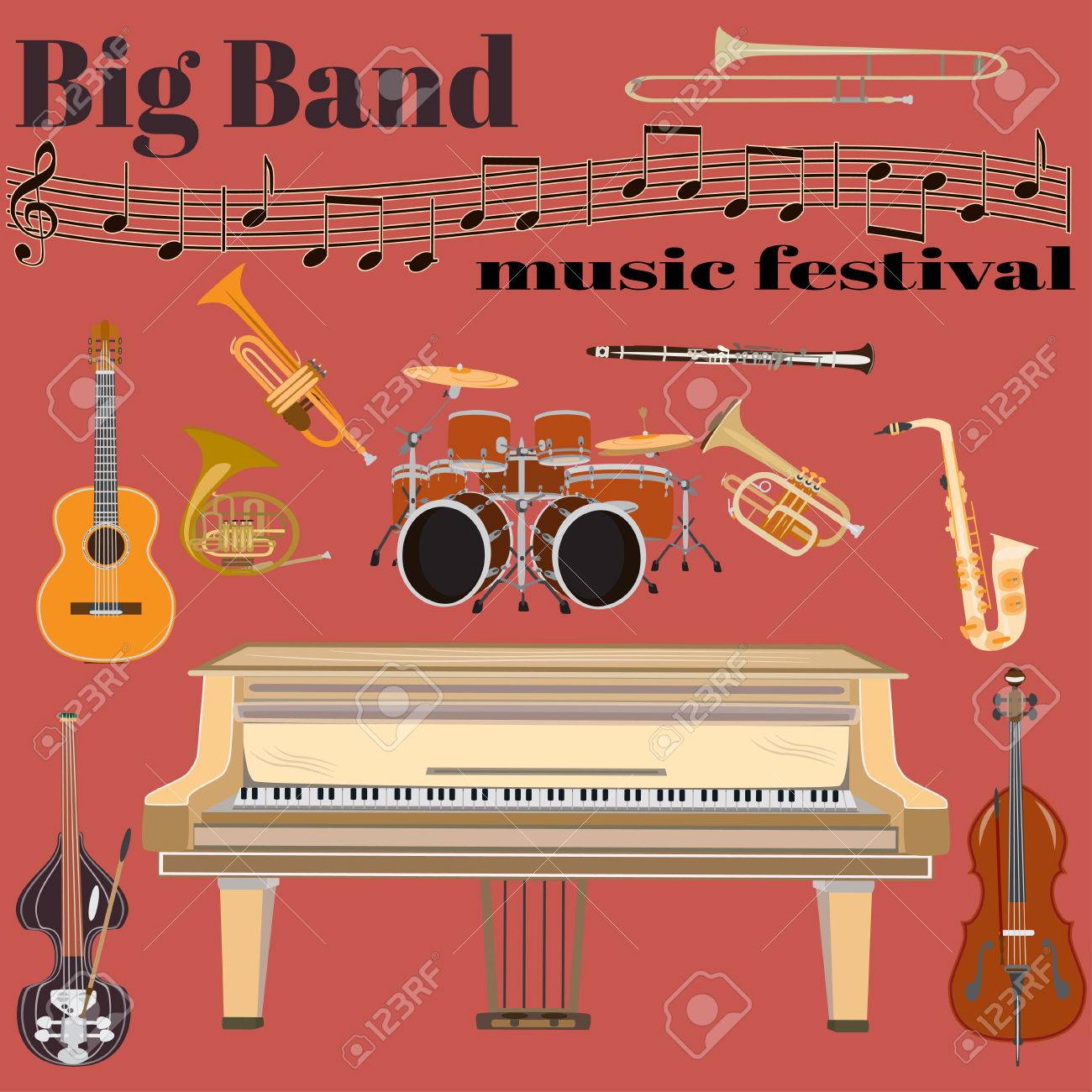 ジャズ バンド楽器セットです ビッグ バンド音楽祭テンプレート グランド ピアノ ドラムセット ギター クラリネット サックス フレンチ ホルン トランペット トロンボーン コントラバス フラット スタイルのト音記号 のイラスト素材 ベクタ Image