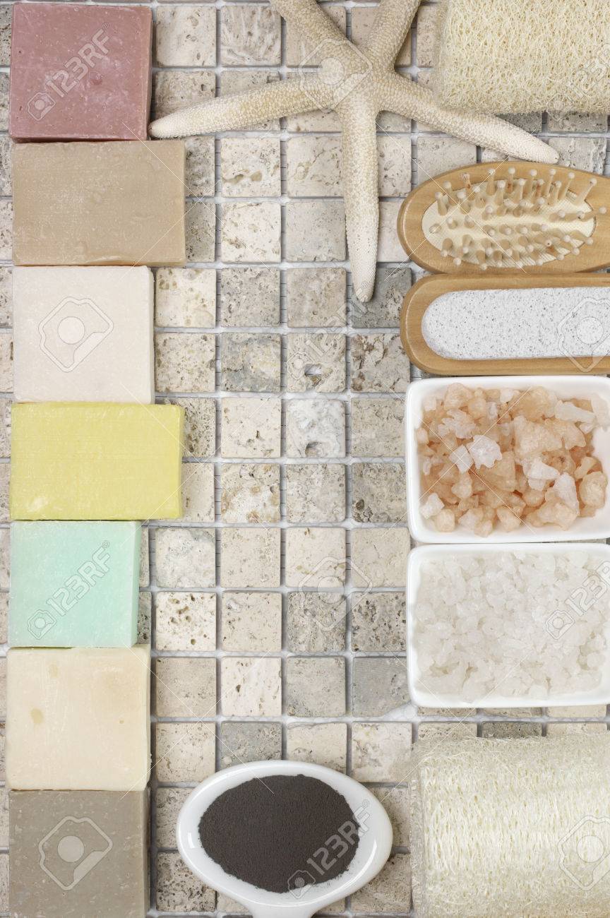 Set Of Bathroom Accessory On Stone Tile Soaps Bath Salt Clay Stock Photo Picture And Royalty Free Image Image 47967008