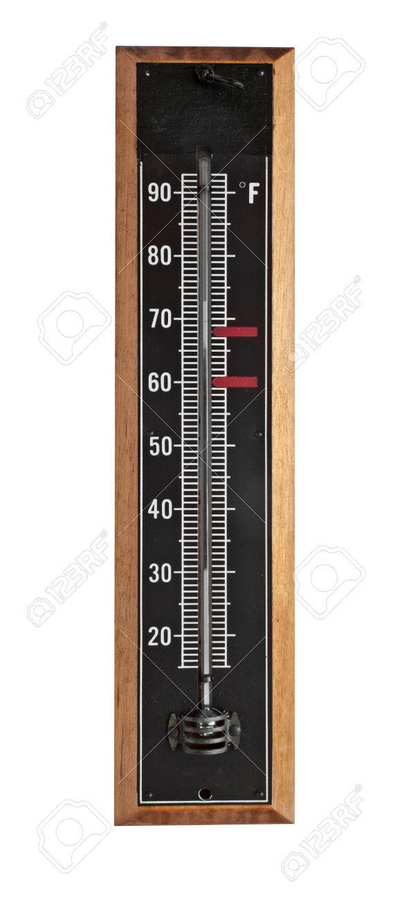 ヴィンテージの壁マウント黒エナメル白で隔離木製室内温度計 の写真素材 画像素材 Image