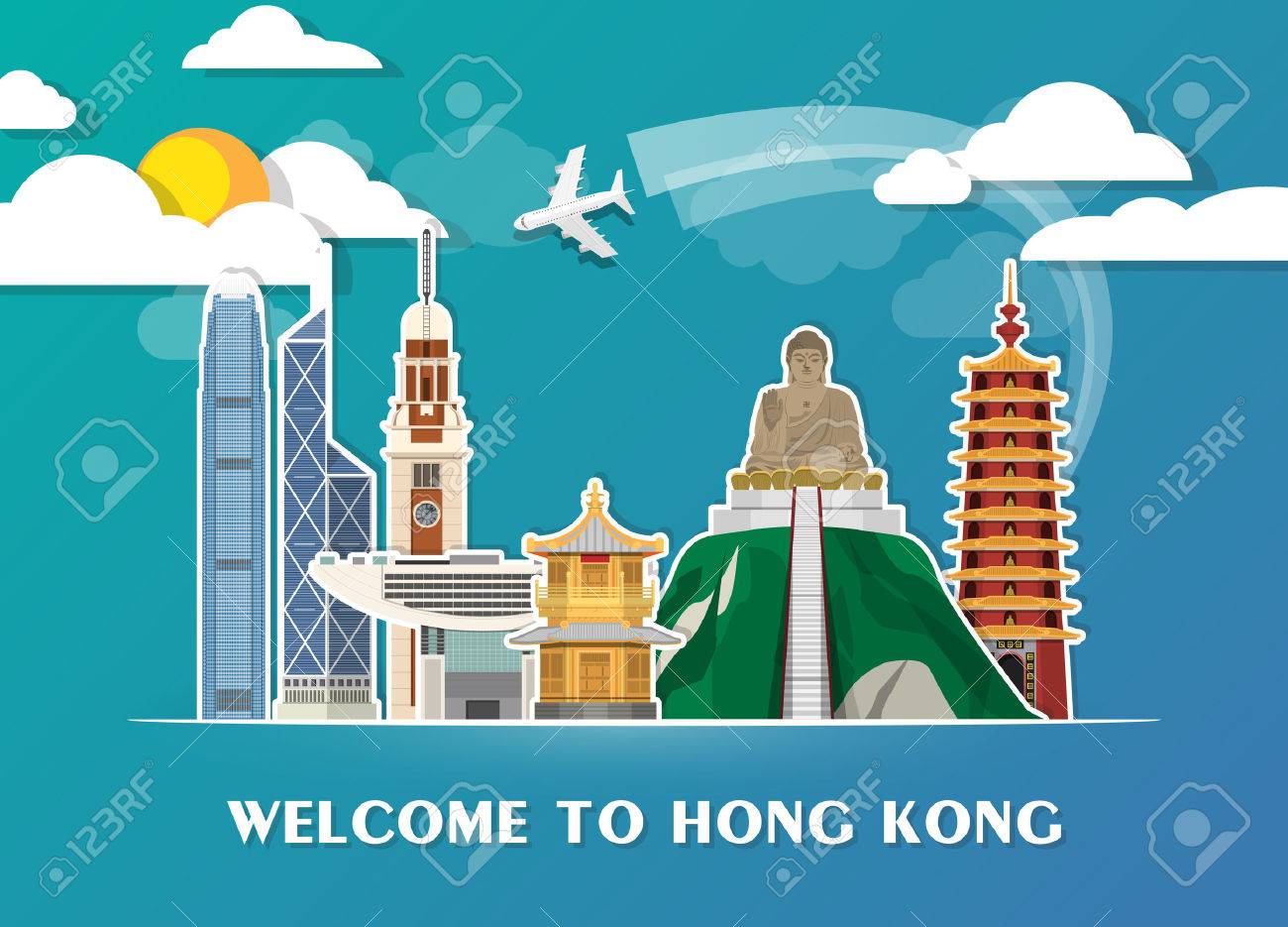 香港ランドマーク世界的な旅行および旅行の用紙の背景 広告 書籍 バナー テンプレート 旅行事業やプレゼンテーションのデザイン Template Used をベクターします のイラスト素材 ベクタ Image