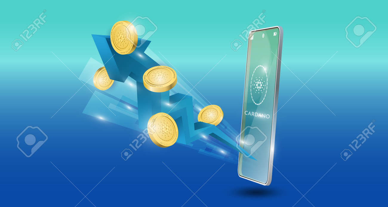 카르다노 코인 배경이 있는 상향 추세 파란색 화살표가 있는 블록체인 기술 개념. 현실적인 벡터 일러스트 레이 션. 로열티 무료 사진,  그림, 이미지 그리고 스톡포토그래피. Image 175101873