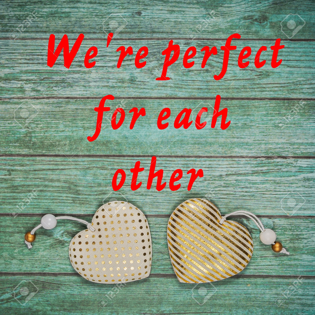 Romantic Postcard For Valentine S Day A Gentle Message On The Background Of Gold Valentines And Green Wood Flat Lay We Re Perfect For Each Other Stock Photo Picture And Royalty Free Image Image