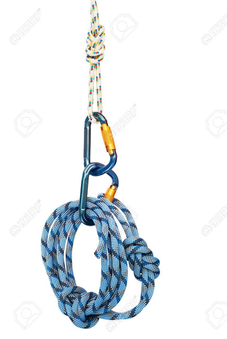 Isolated new climbing equipment - carabiners without scratches and blue rope - 5780950 Isolated new climbing equipment - carabiners without scratches and blue rope - 5780950