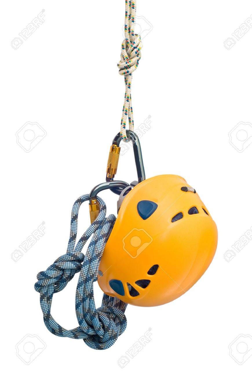 Isolated new climbing equipment - carabiners without scratches, yellow helmet and rope - 6972458 Isolated new climbing equipment - carabiners without scratches, yellow helmet and rope - 6972458